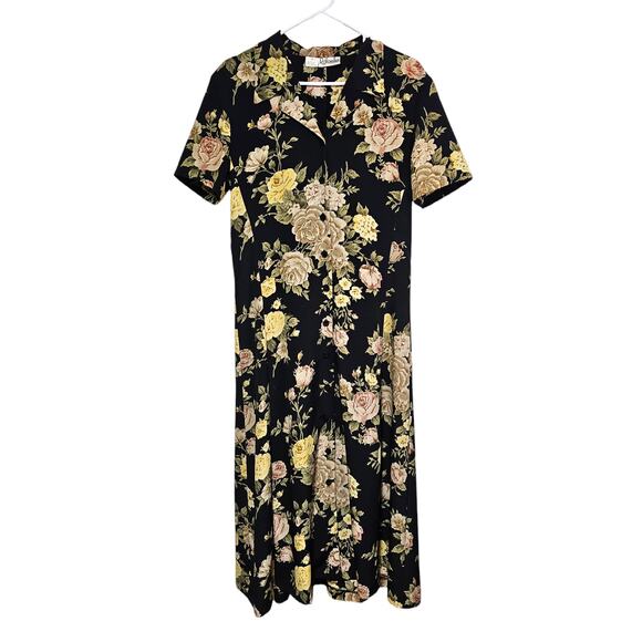 Rafaella Maxi Dress Size 10 Vintage 80's Black Floral Button-Up Boho Cottage - Picture 2 of 7